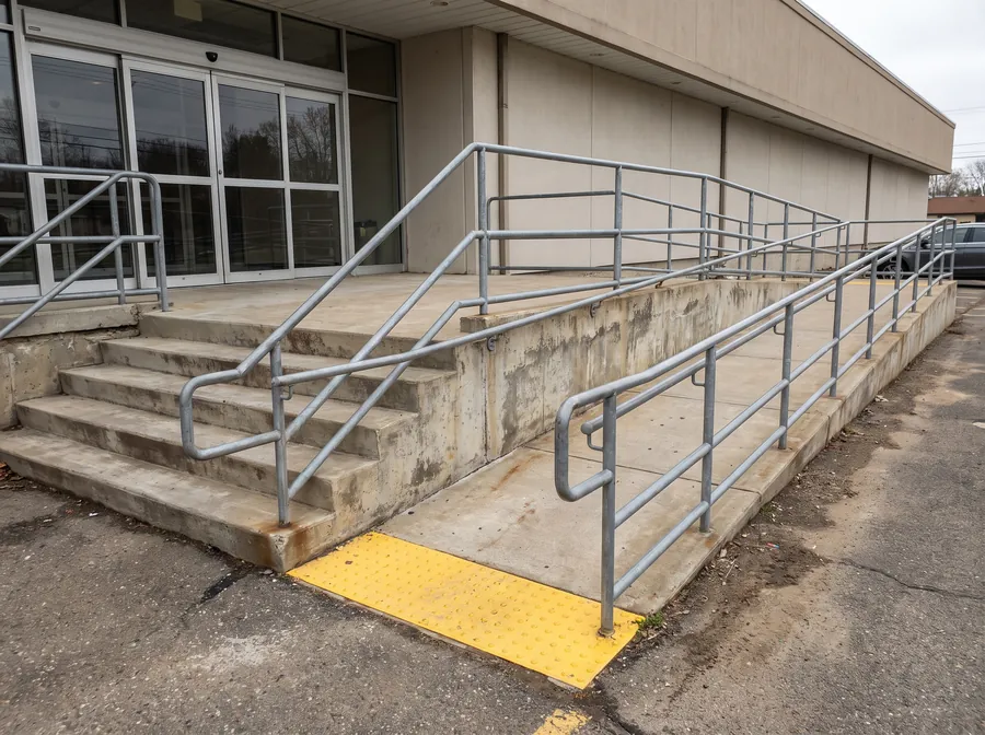 Concrete entrance stairs beside an accessibility ramp with steel handrails and tactile strip