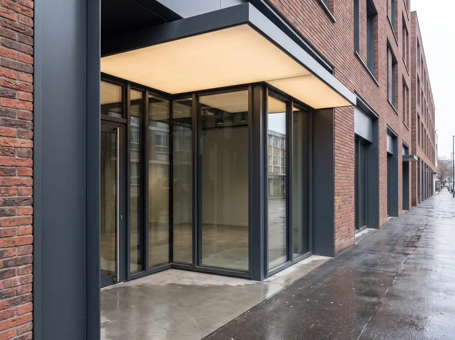 Completed commercial storefront entrance with glazed vestibule and lit canopy soffit
