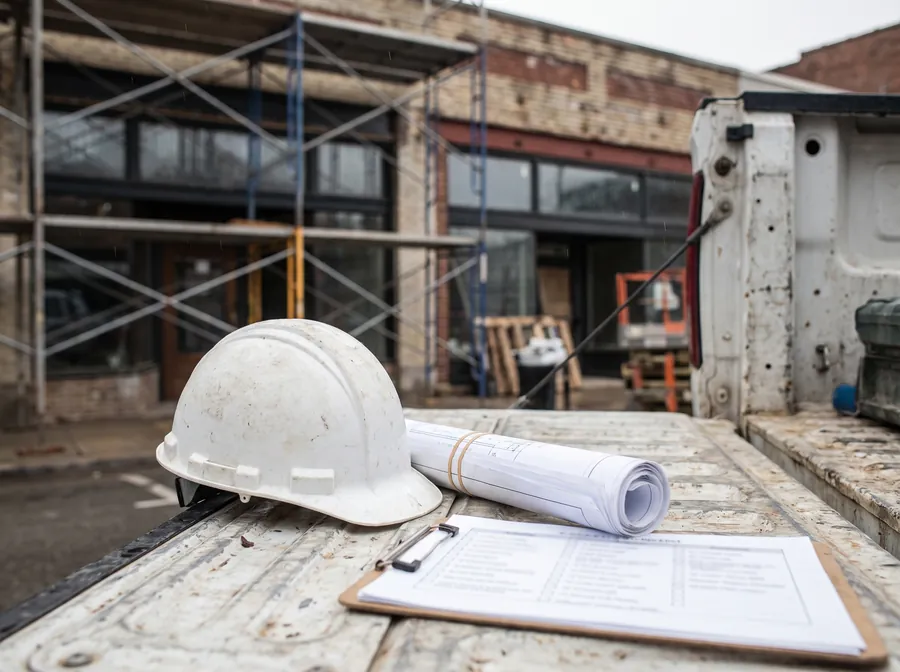 Hard hat, drawings and a checklist on a work truck tailgate at a commercial build-out
