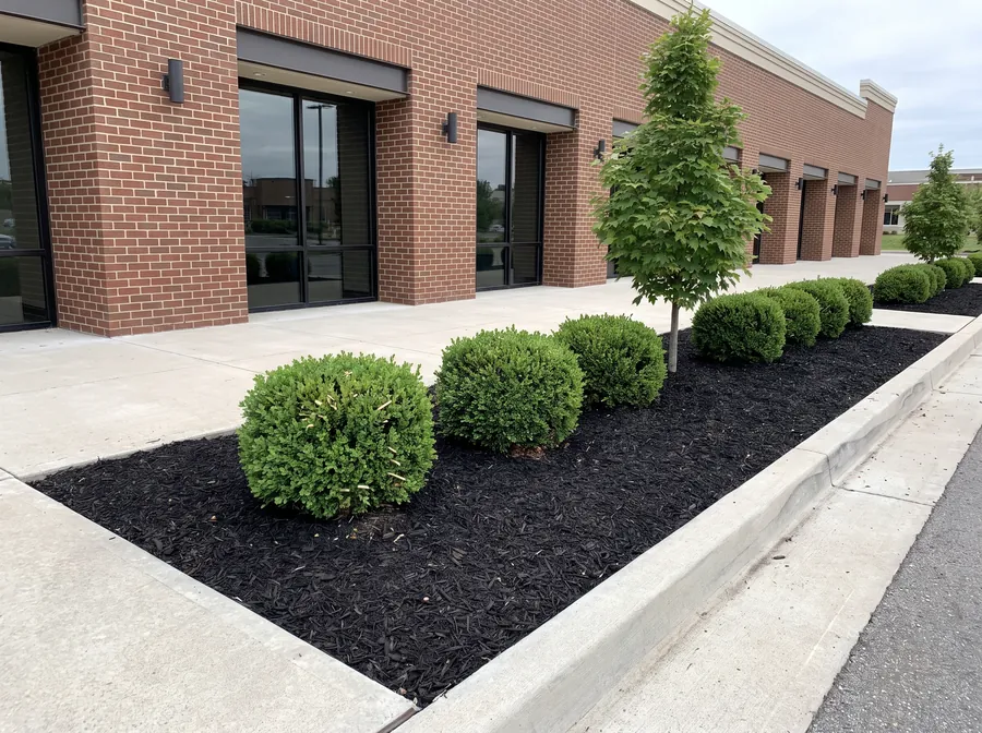 Freshly pruned shrubs and a shaped young tree in a mulched bed at a commercial frontage