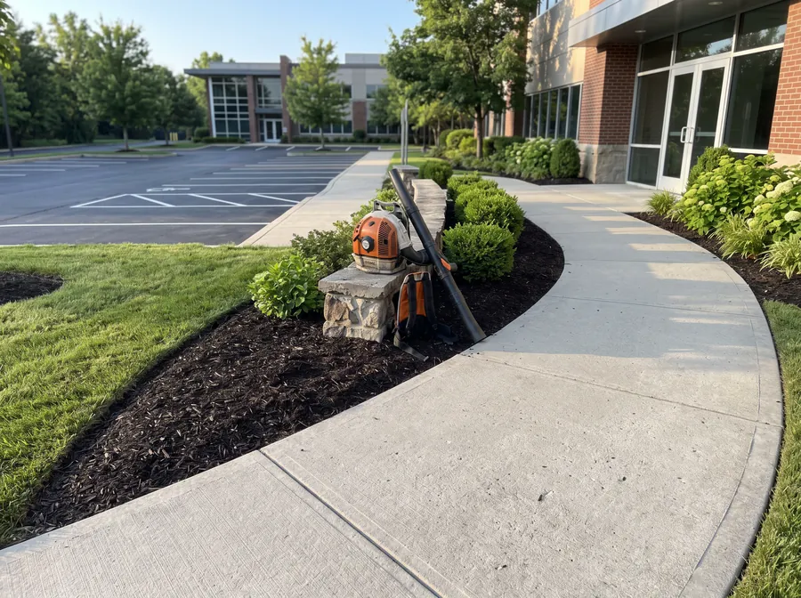 Spotless commercial entrance walkway after grounds service with a leaf blower set aside