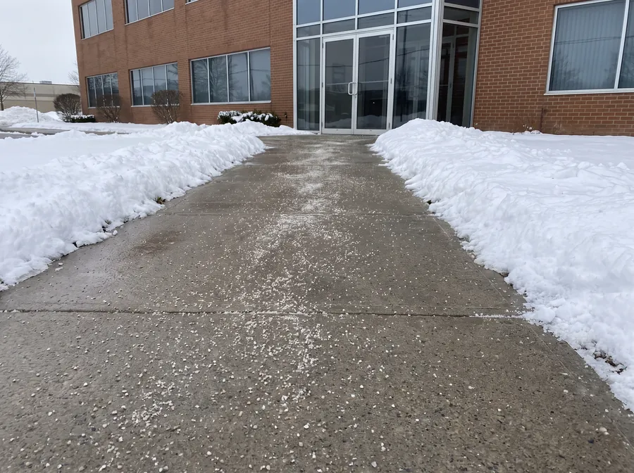 Shovelled and salted concrete walkway leading to a commercial building entrance