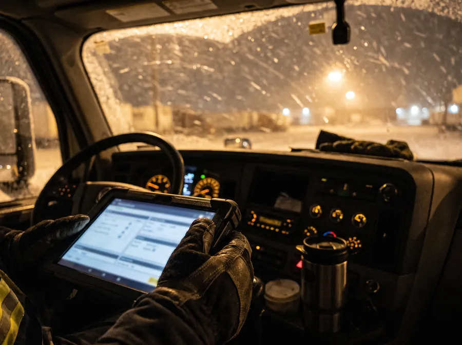 Gloved hand logging a service visit on a rugged tablet in a truck cab during snowfall