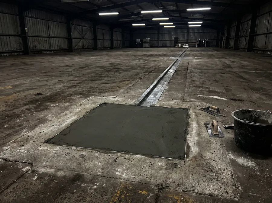 Saw-cut spall repair patched flush into a worn industrial concrete floor joint