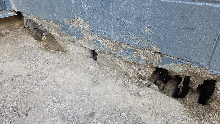 Severely spalled concrete block pier at a dock opening cut back for structural rebuild