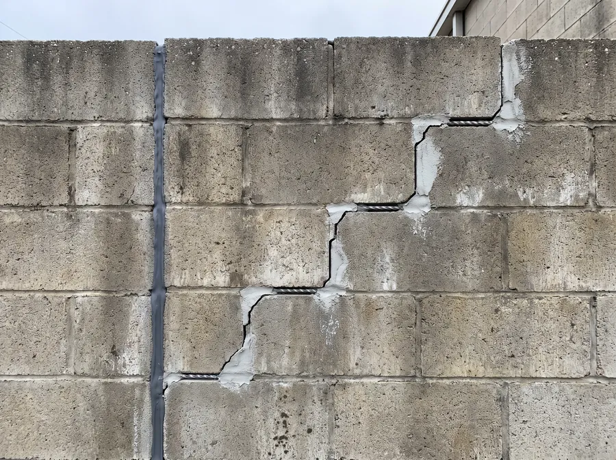 Crack-stitched block wall with helical bars bedded in joints and a sealed control joint