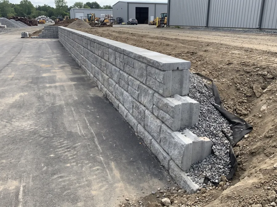 Engineered modular block retaining wall with drainage stone at an industrial grade change