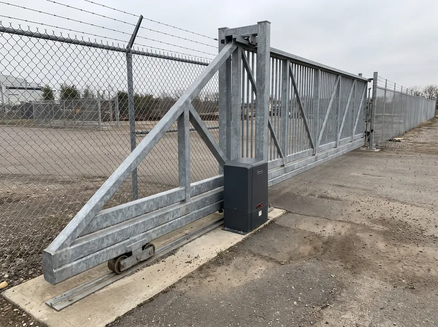 Galvanized cantilever slide gate open across an industrial yard entrance with its operator