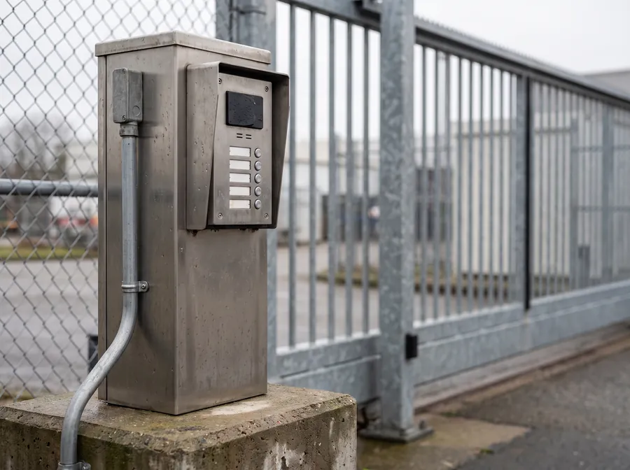 Weatherproof card reader and intercom pedestal at an industrial vehicle entrance