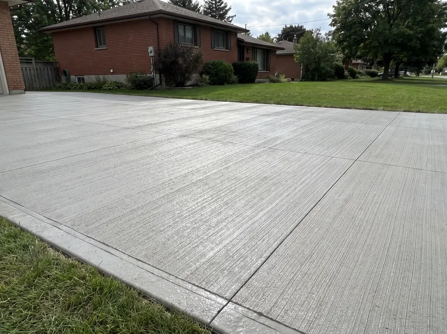 Broom-finished concrete driveway with fine brush texture and crisp tooled control joints