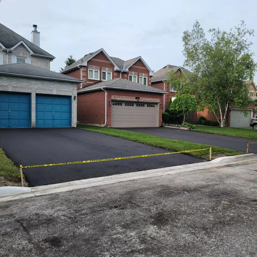 Freshly paved asphalt driveways meeting a new poured concrete curb along a residential street.