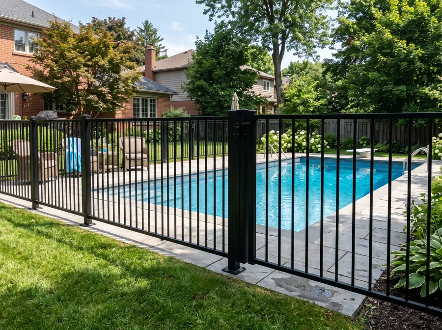 Black powder-coated aluminum pool fence with open sightlines and a self-closing gate latch