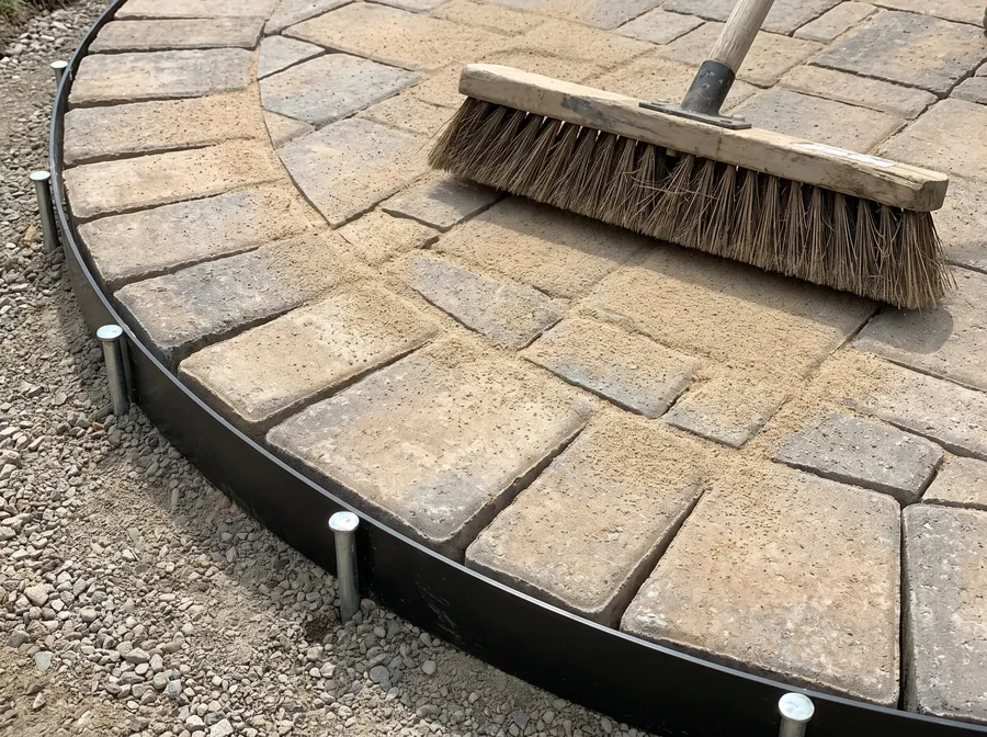 Aluminum paver edge restraint and polymeric sand being swept into paver joints