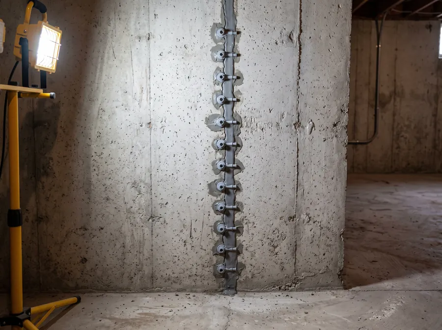 Basement wall crack sealed with injection ports and cured polyurethane resin