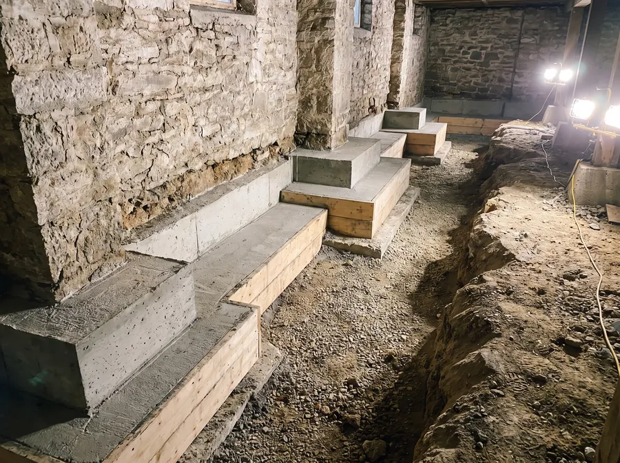 New concrete bench footings stepping along a basement wall lowered for headroom
