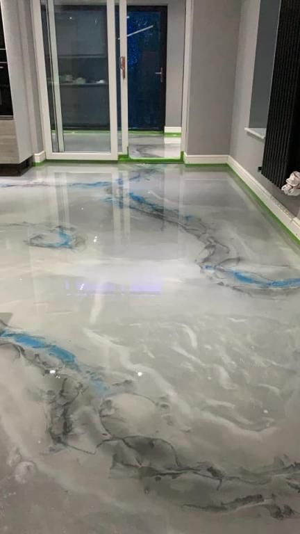 White Grey Blue Vein Splatter Marble Effect Epoxy Resin Residential Flooring Modern Interior Design