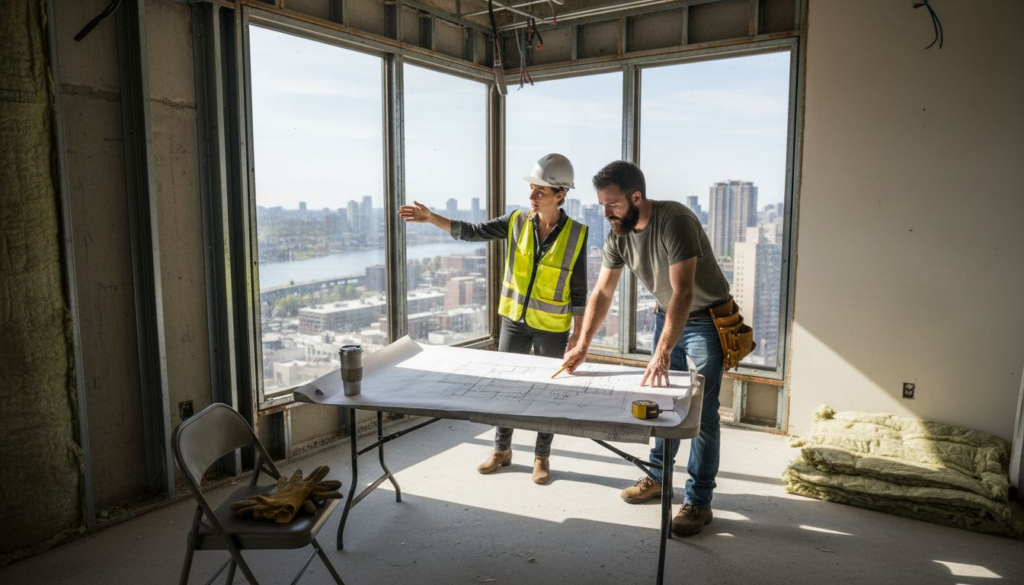 Renovation discussion in unfinished corner office